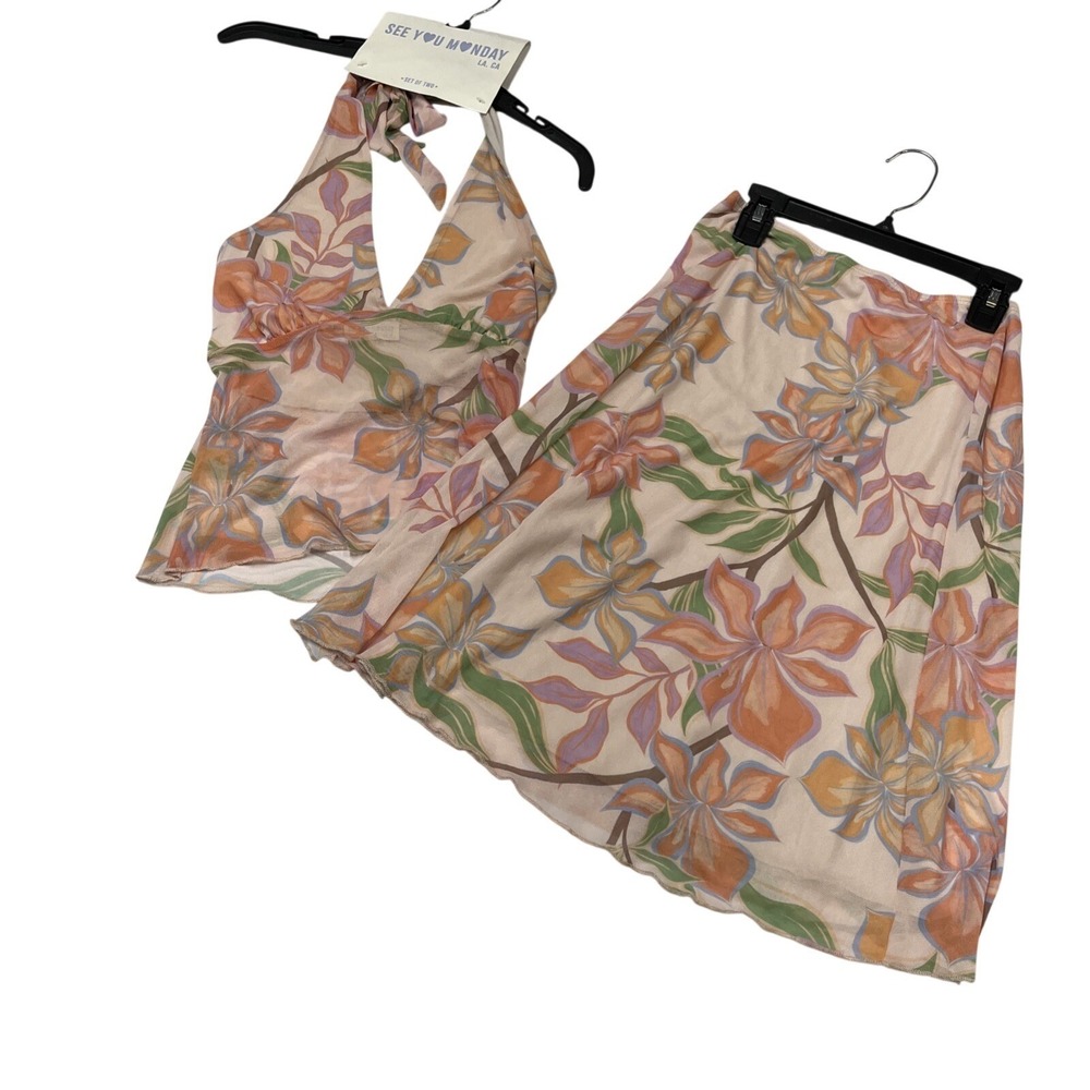 Sheer Mesh Floral Top Skirt Set S Crop Halter Vacation Resort Tropical Beach